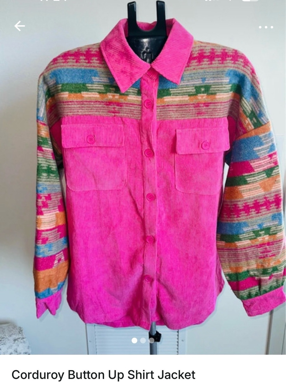 Southern Grace Pink Corduroy Shacket with Multicolor Pattern